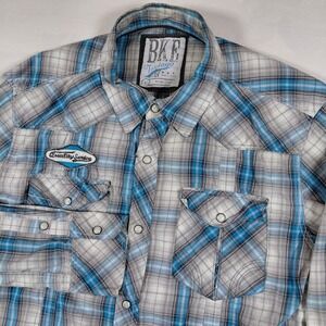 BKE Plaid Pearl Snap‎ Button Front Shirt Mens Large Blue Gray Slim Fit Thrashed